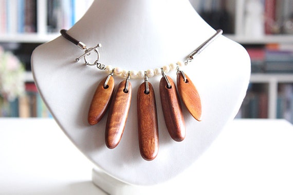 Wood, Pearls, Leather Necklace. Sterling Silver Natural Wood, Pearls and Brown Leather Short Necklace with a Toggle Clasp. Statement OOAK