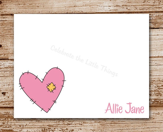 Set of 8 Personalized Note Cards, Notecards, Stationery for Girls | Tattered Heart, Stitched Heart Il_570xn