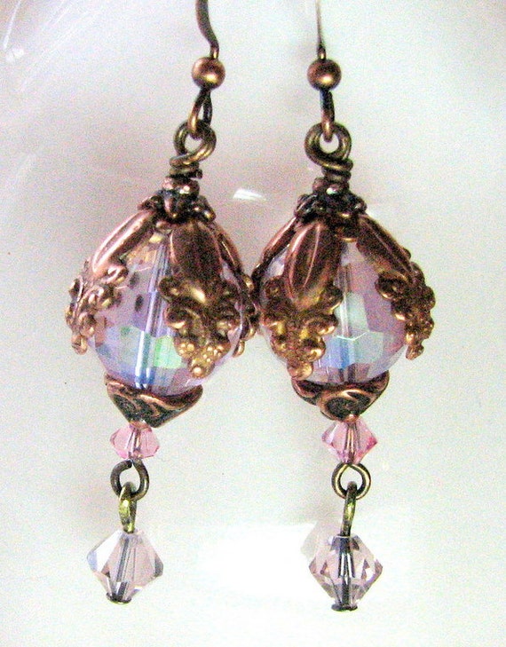 Pink Copper Earrings Ornate Crystal and Copper by VRBBoutique