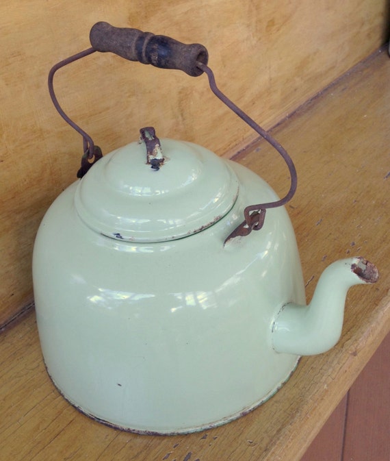 Large Green Enamel Tea Kettle Farmhouse Vintage Enamelware