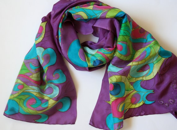 Peacock Wrap. Peacock Scarf. Art Nouveau Peacock. Sarong. Purple Wrap. Hand Painted Silk Wrap. Perfect Wrap.