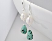 Turquoise kiwi stone with large freshwater pearl drop earrings, silver pinch hook earwires, gift giving, dangly Earrings, one of a kind gift