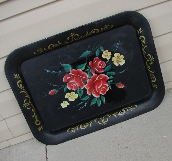 Vintage Black rectangular metal Black tray with by snooksndoodles