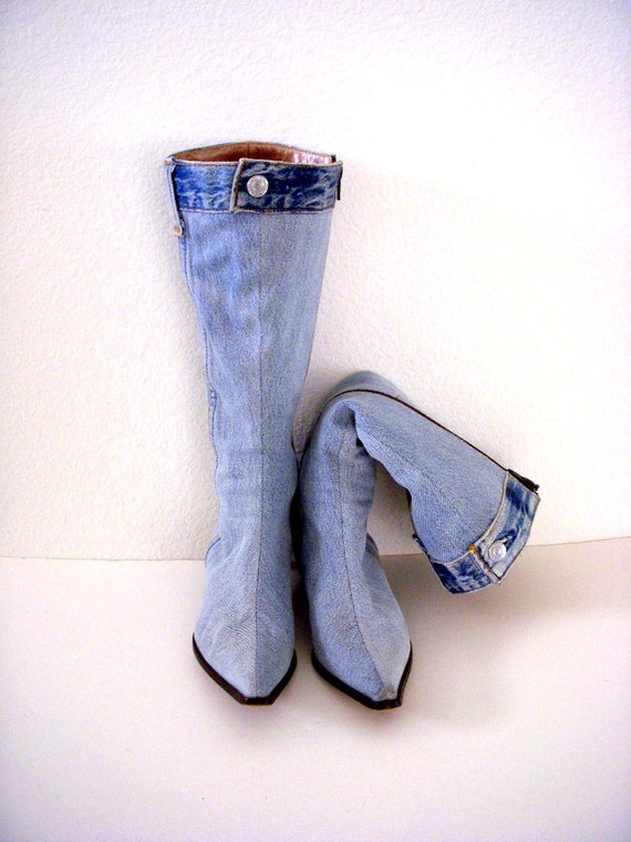 Vintage 80s Denim Boots by Vero Cuoio Italy - Blue Acid Washed Boots ...