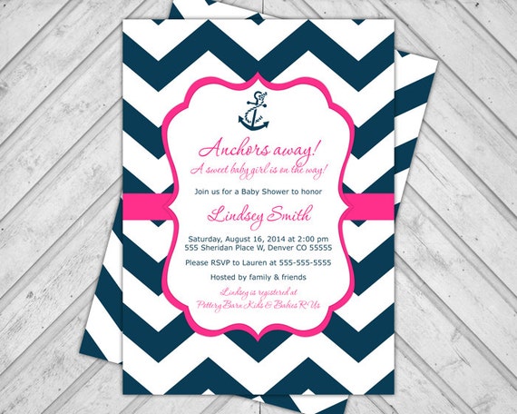 baby girl nautical baby shower invite - navy blue and hot pink - chevron baby shower invitation - anchors away - printable (793) Il_570xn