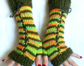 Women Fingerless Corset Gloves Arm Warmers in Orange Green Tones Wool Angora Mohair