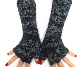Fingerless Gloves Grey Black Arm Warmers Cabled Handmade Warm