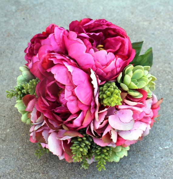 Hot Pink Silk Flower Bouquet with Artificial Succulents