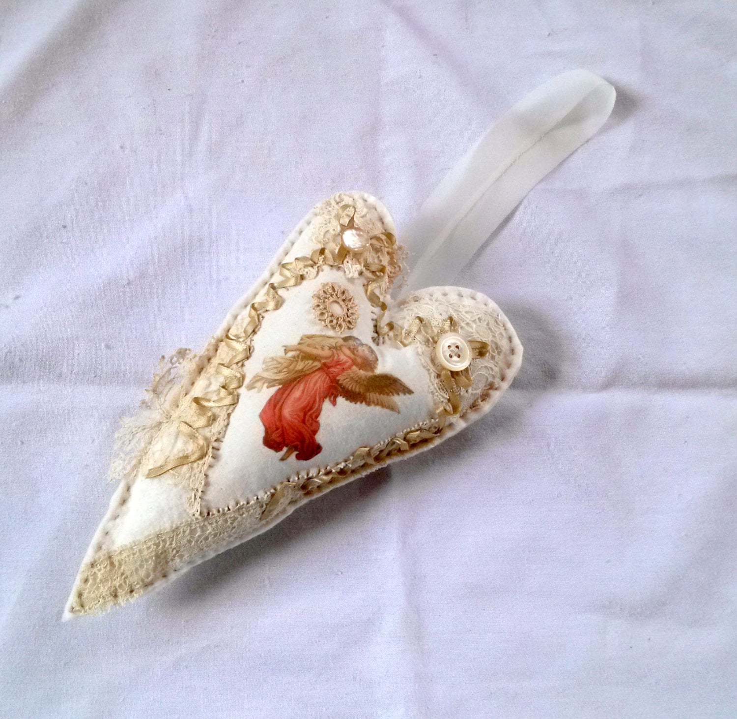 Shabby Chic Angel Heart Ornament Red Gold Cream