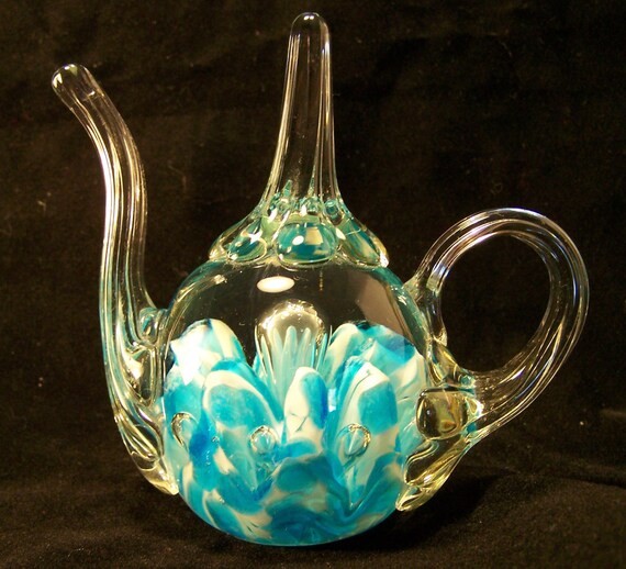 Joe St Clair Blown Art Glass Teapot Paperweight Blue White