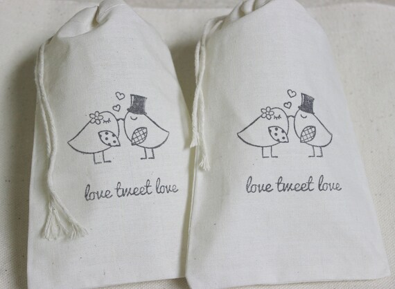 100 Custom Lovebirds love tweet love - Drawstring Organic Muslin Cotton 4x6 gift bags Great for Weddings - You choose ink color Il_570xn