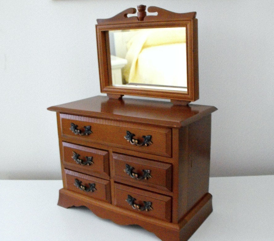 Vintage Miniature Dresser Jewelry Box Wooden Musical Jewelry