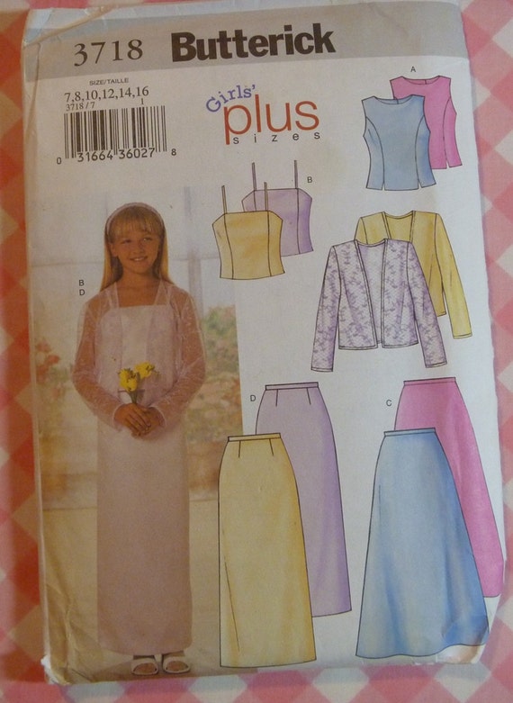 UNCUT Butterick Pattern-3718-Girls Plus Size Skirt, Girls Plus Size Jacket and Girls Plus Size Top-Sizes 7-16