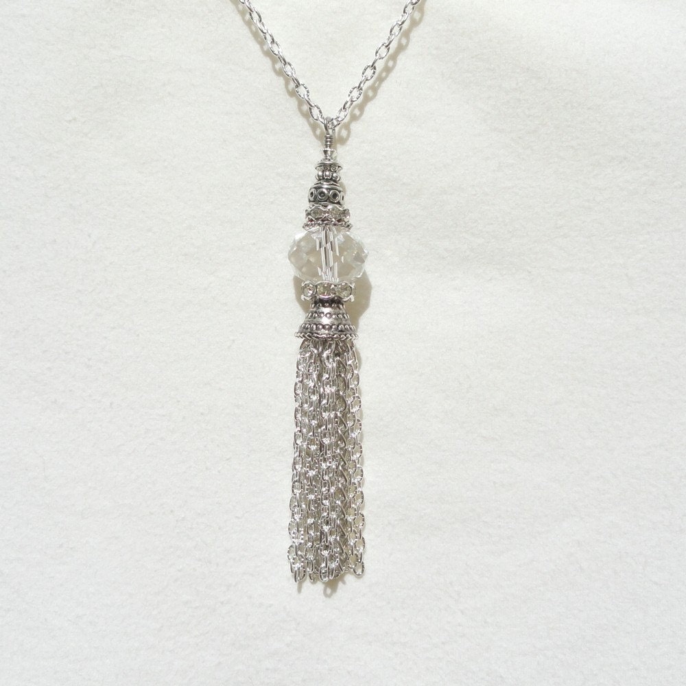 Silver Tassel Necklace Crystal Tassel Necklace Beaded by JanJat