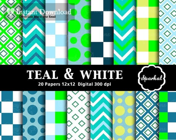 Teal Chevron DIGITAL Paper, Preppy Teal Blue Digital Paper, Polka Dot Checkerboard, Invitation paper Printable, Instant Download Il_570xn