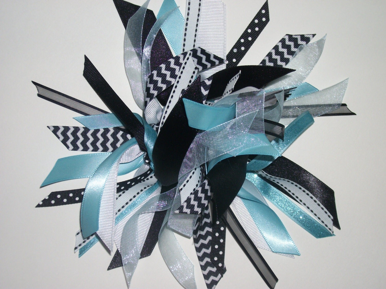Ribbon Ponytail Streamer In Light Blue Black And White