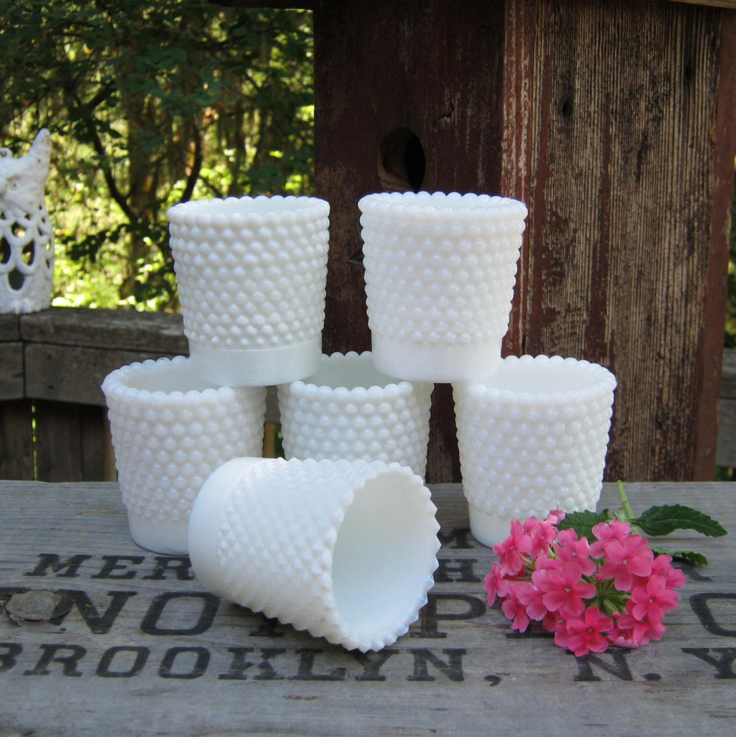 6 Small Hobnail White Milk Glass Votive Candle Holders