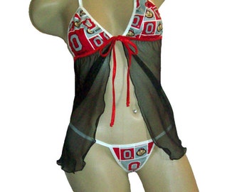 NCAA Ohio State Buckeyes Lingerie Negligee Babydoll Sexy Teddy Set with Matching G-String Thong Panty