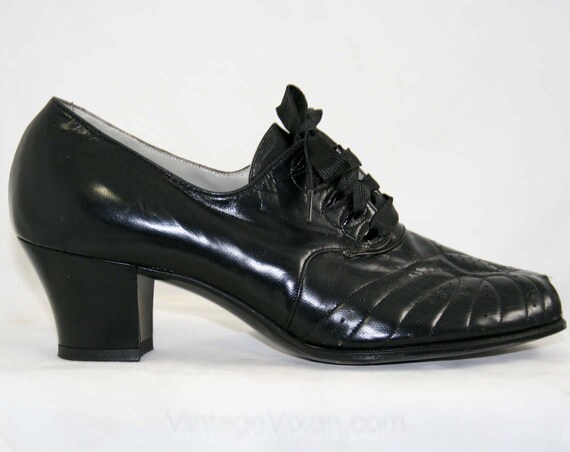 Deco 1930s Shoes Fine Black Leather Size 6 A Open Toes