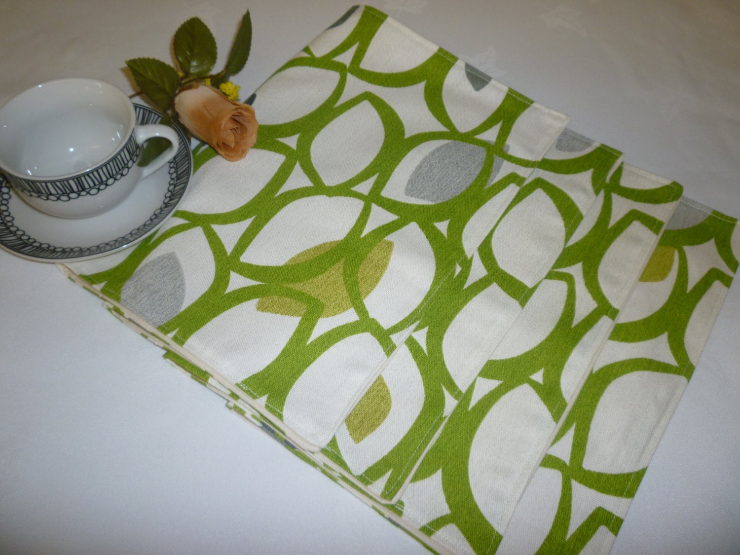 Lime Green Grey Placemats 4 Funky Floral Fabric washable