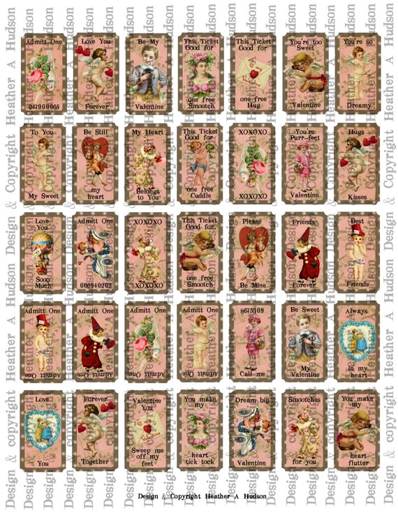 Victorian Vintage Valentine's Day Shabby Pink & Chocolate Tickets Digital Collage sheet Printable