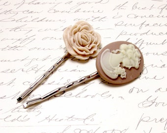 Victorian Cameo and Rose Hair Accessories. Blush Rose Pink Hair Pins. Peach Pink Flower Hair Clips. Victorian Hair Barrettes.