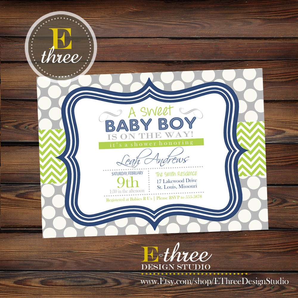 wording baby boy shower Printable Baby Boys Invitation Navy by Shower EThreeDesignStudio