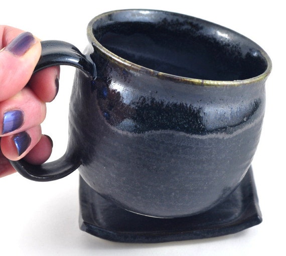 Coffee Cup Soup Mug and Coaster Set Ceramic Handmade Pottery Black