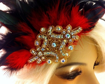 Feather Hair Clip, Gold Beaded, Bridal Fascinator, Rhinestone Hair clip, Black Feather Fascinator, 1920s flapper, Bridesmaid, Great Gatsby