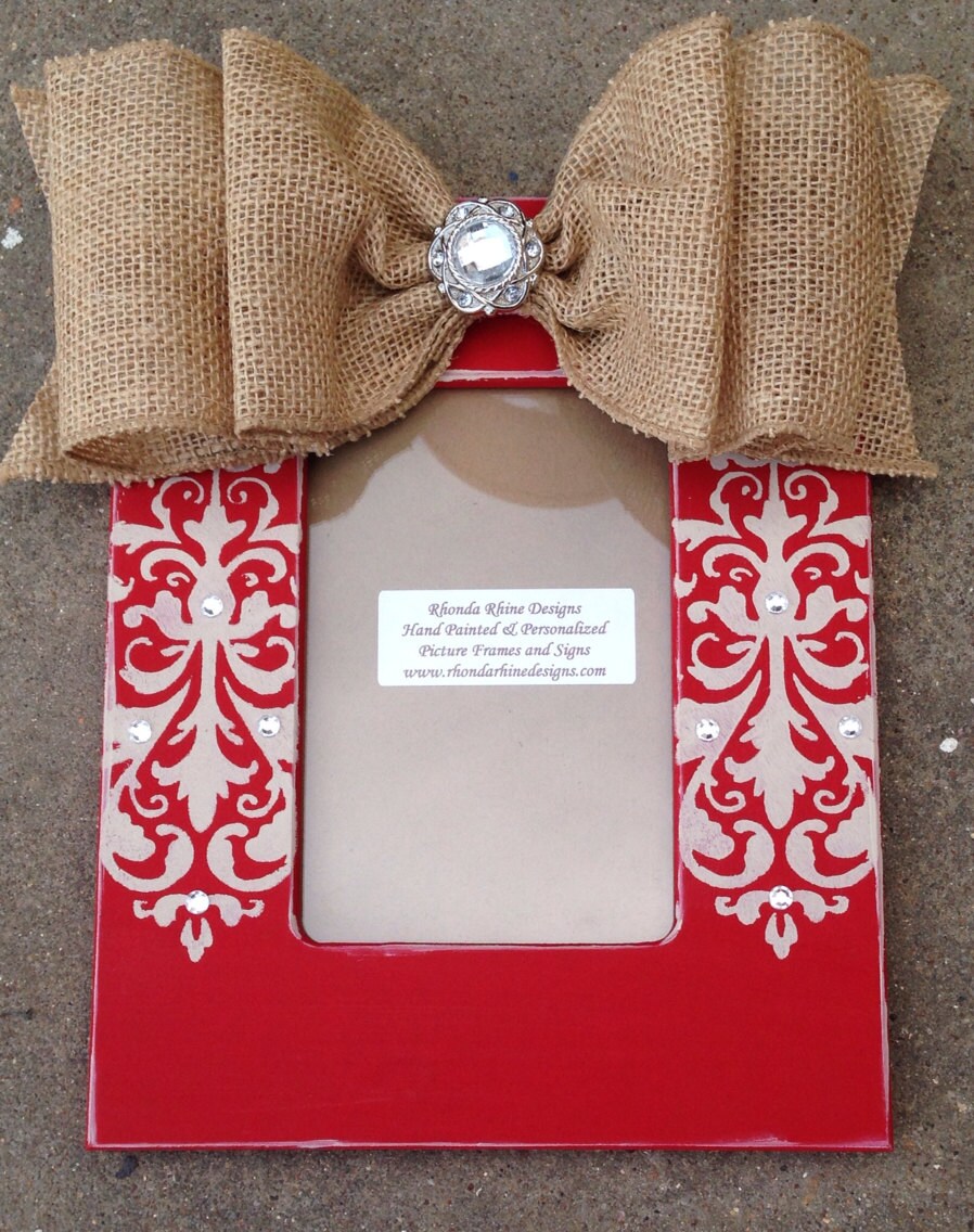 4x6 Red frame with khaki damask jeweled sides with burlap