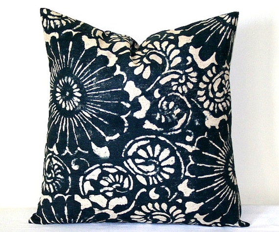 Navy Blue and Beige Indigo Ikat Decorative Pillow 18 x 18