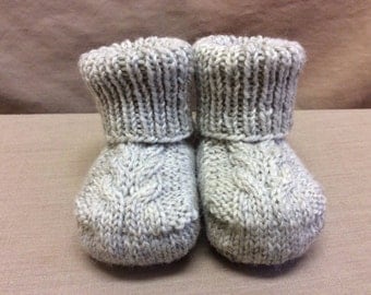 Knitted Baby Booties, Newborn Baby Shoes, Gender Neutral Baby Gift, Stay On Booties, Cabled Baby Shoes, Light Grey