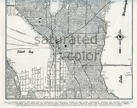 Seattle Map Original Vintage 1940s City Streets Of Seattle