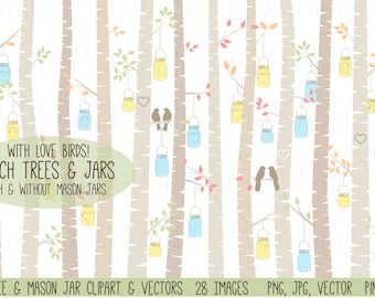 Birch Trees and Mason Jar Clipart Clip Art, Autumn Aspen Tree and Love Birds Clipart Clip Art Vectors - Commercial and Personal Use