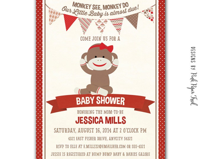 Sock Monkey Party Invitation, Birthdays, Baby Shower, Printable Digital File