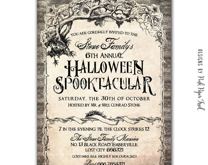 Spooktacular Halloween Invitation, Vintage Antique Grungy Halloween Spooktacular Costume Party Printable Invitation