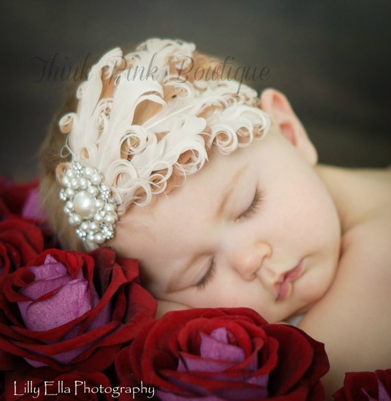 Baby Headband,Feather Headband,Baby Girl Headband,Couture Headband,Baby Headbands,Girls Headband, Photo prop. by ThinkPinkBows