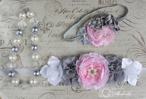 Flower girls sash, Wedding Sash Belt, Maternity Sash Belt, Baby Headband, LIttle Girls Chunky Necklace, bridemaids sash,Rustic wedding set. by ThinkPinkBows