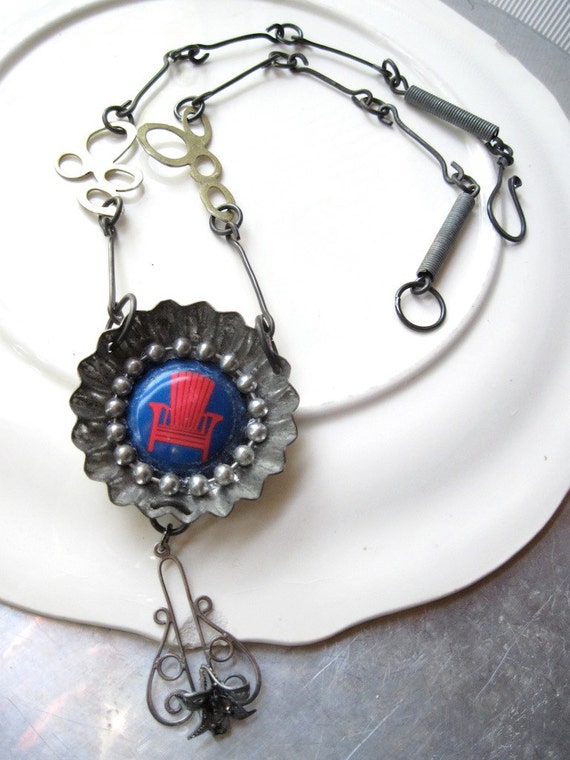 Red Chair Assemblage Necklace-Vintage Pieces-tin OOAK- Handmade Steel 