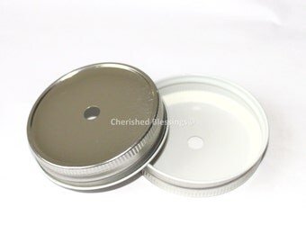 Mason Jar Lids, Mason Jar One Hole Straw Lids, Mason Jar Straw Lids, Silver, 10 Mason Jar Cup Lids, Kids Mason Jar Cups, Party Cup Lids