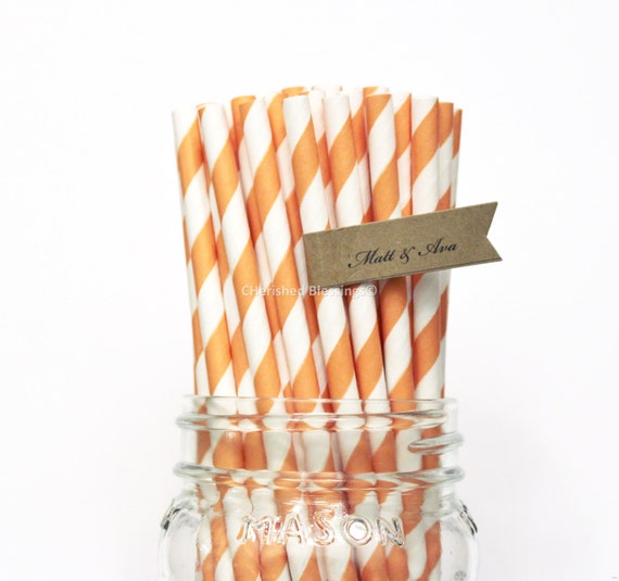 Paper Straws, 25 Orange Paper Straws, Striped Straws, Carnival Straws, Retro Straws, Wedding, Baby Shower, Kids, Decorations Made in USA Il_570xn