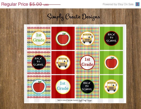 Back To School Cupcake Toppers 8.5x11 Jpeg DIGITAL File PERSONALIZED Il_570xn
