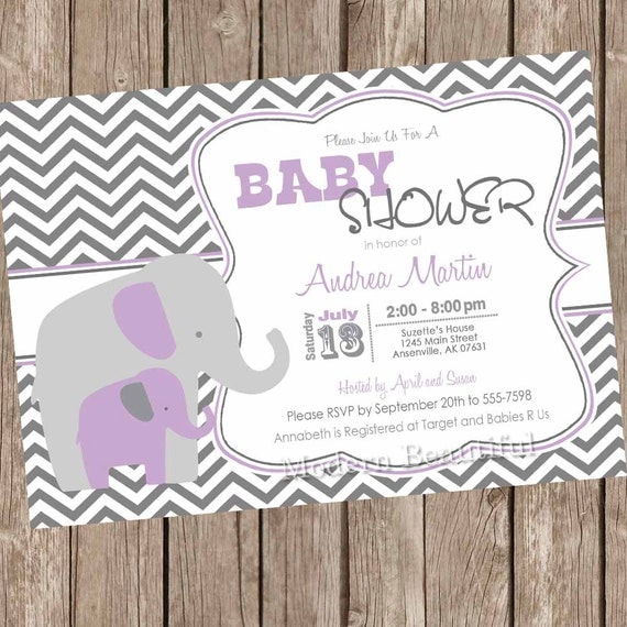 Purple and Gray Girl Elephant baby shower invitation, purple, grey