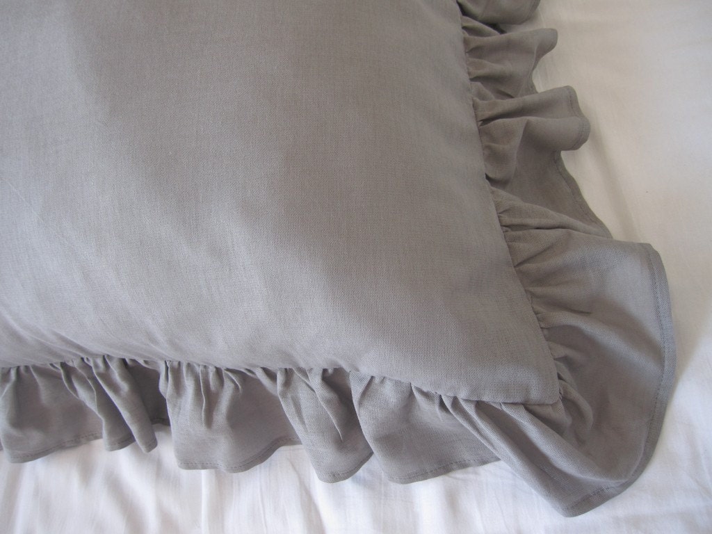 Grey Linen ruffle pillow SHAM Solid Ivory White butter cream