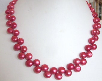 Fuchsia Pearl Necklace of Zig Zag, Top-Drilled, Button, Fresh Water Cultured Pearls, Wedding, Bride, Prom, Bridal, SRAJD