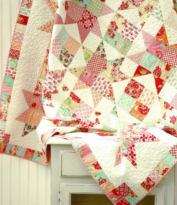 Twin Size Marmalade Star Quilt Scrappy Quilt by CottonBerryQuilts