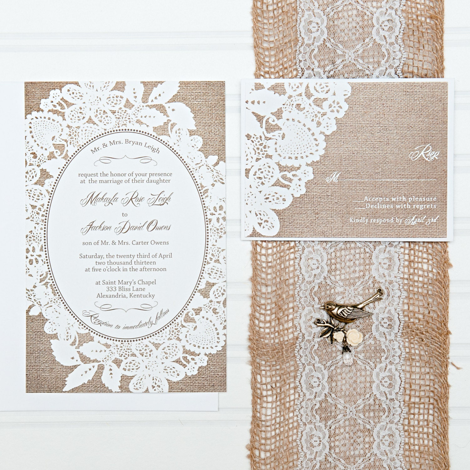 Burlap and Lace Wedding Invitation Suite Custom Invites