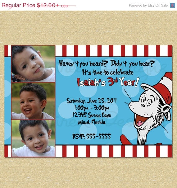 10% OFF SALE Cat in the Hat - Dr. Suess Birthday Invitation 3 Photo Option Il_570xn