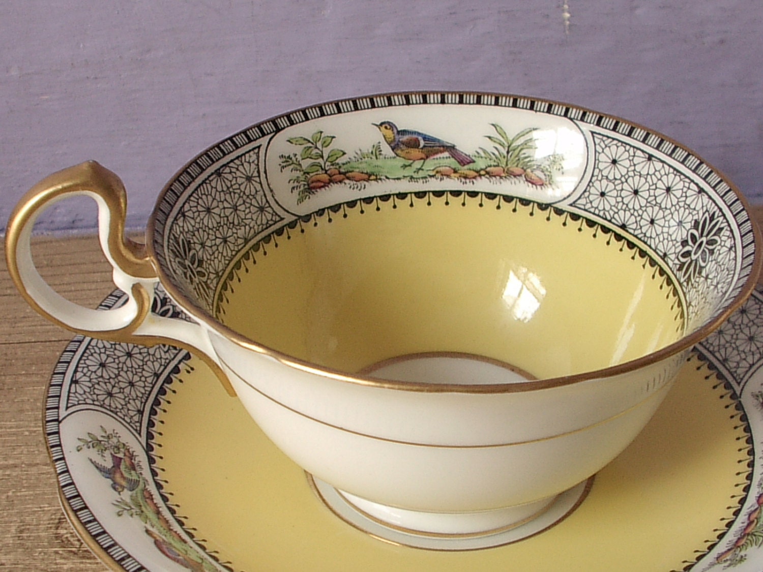 Antique Aynsley tea cup and saucer set bird tea by ShoponSherman
