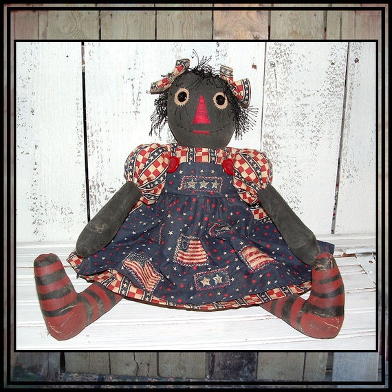 primitive hand embroidered painted black folk art cloth rag doll appliqued apron HAFAIR  OFG cord hair